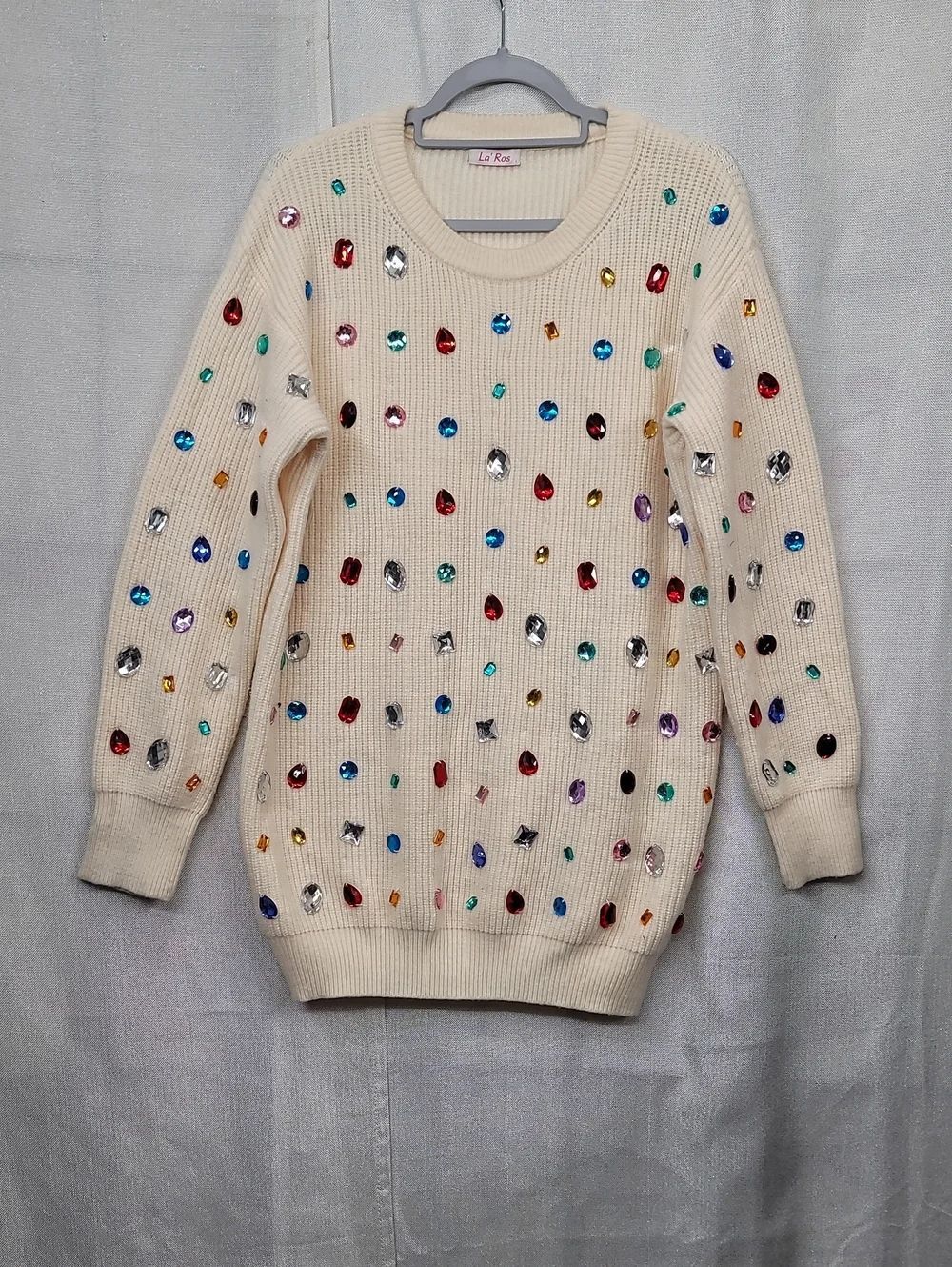La' Ros Cream Jewel-Embellished Women's Sweater Size Large
